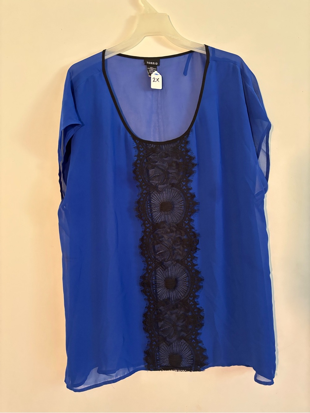 Torrid 2X Cobalt Blue Black Lace Chiffon Blouse Sheer Plus Size